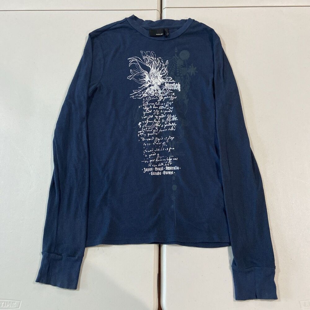 Hurley Spell Out Thermal Waffle Knit Shirt Black Men’s M Cyber Y2k Skater